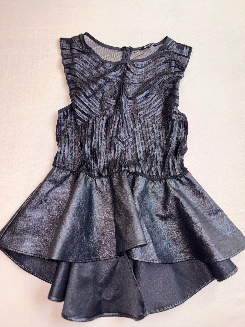 Size Large Black Mesh and Vegan Leather Textured Peplum Blouse.